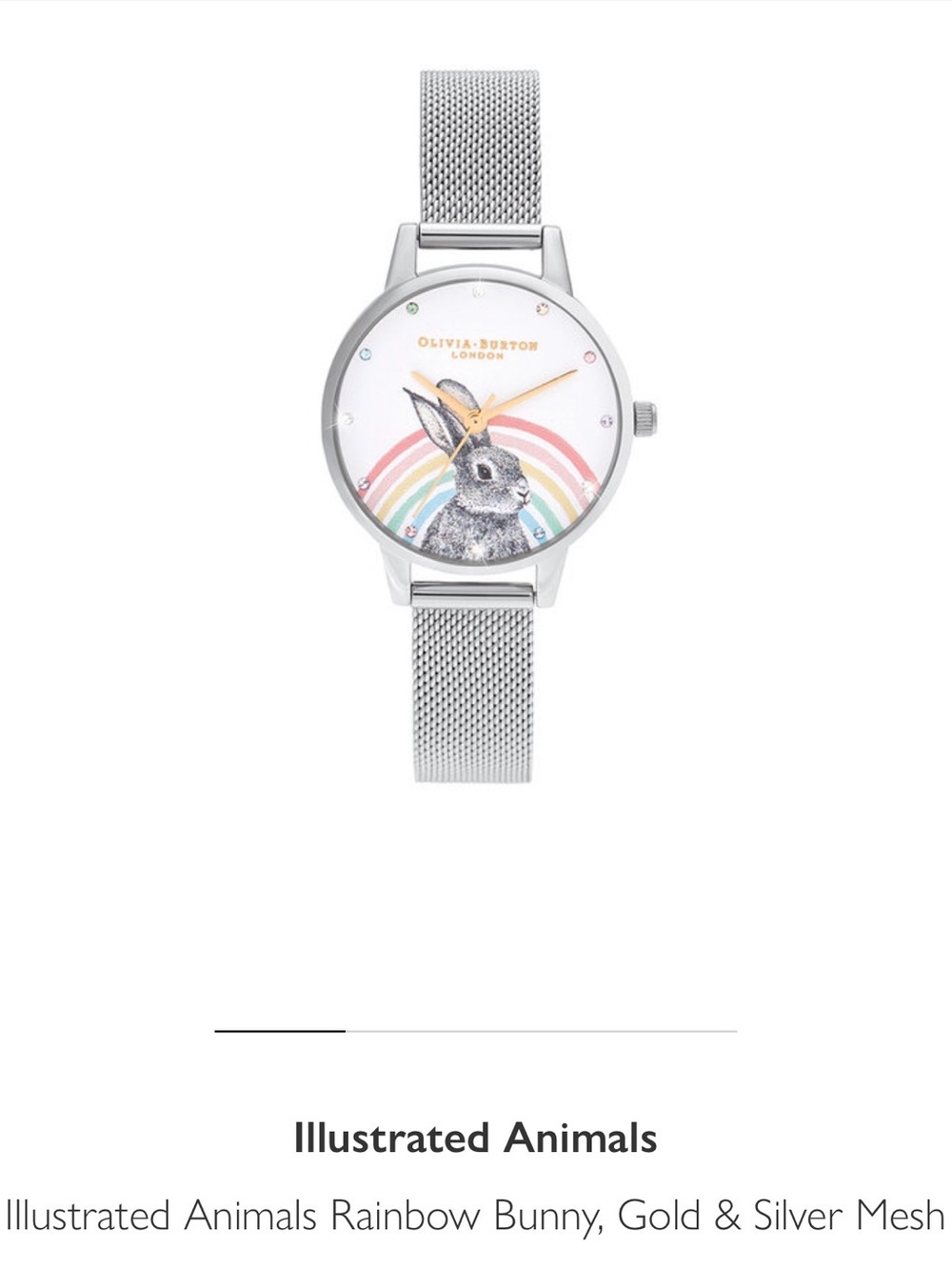 OLIVIA BURTON Silver Mesh Watch with Rainbow Bunny Motif